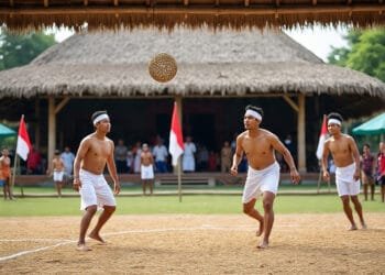 Ilustrasi tiga pemuda mengenakan pakaian tradisional dan kepala ikat sedang bertanding Sepak Takraw di lapangan beralaskan tanah, dengan latar bangunan beratap rumbia serta bendera Indonesia.