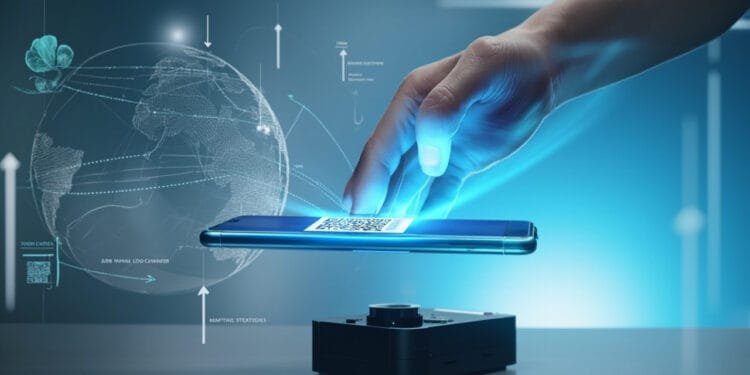 Smartphone memindai QR code Digital Product Passport pada produk elektronik