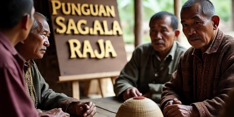 Ilustrasi Para tetua adat Marga Sagala Raja sedang duduk bersama dalam sebuah pertemuan atau punguan untuk membahas berbagai hal terkait adat dan tradisi