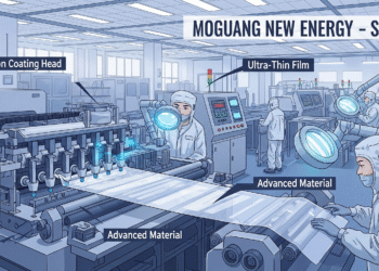 Ilustrasi proses produksi film pendingin setipis kertas dengan teknologi coating presisi.