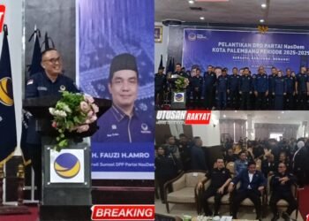 Kolase foto suasana Pelantikan Dewan Pimpinan Daerah (DPD) Partai Nasdem Kota Palembang periode 2025-2029 di Hotel Swarna Dwipa, Sabtu (30/8/2025). Ali Subri (kiri atas) resmi dilantik sebagai ketua, didampingi jajaran pengurus baru (kanan atas).
