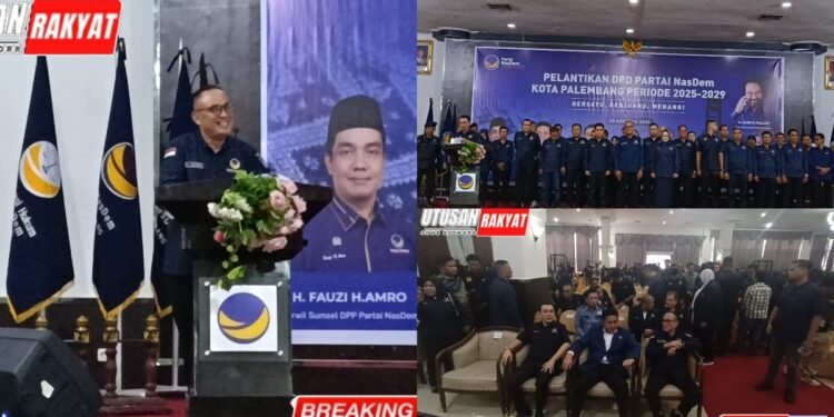 Kolase foto suasana Pelantikan Dewan Pimpinan Daerah DPD Partai Nasdem Kota Palembang periode 2025 2029 di Hotel Swarna Dwipa Sabtu 3082025 Ali Subri kiri atas resmi dilantik sebagai ketua didampingi jajaran pengurus baru kanan atas