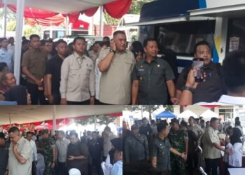 Kolase foto suasana kegiatan Bazar UMKM dan layanan masyarakat gratis di Cileungsi, yang dihadiri oleh Bupati Bogor Rudy Susmanto dan Wakil Bupati Bogor Ade Ruhandi.