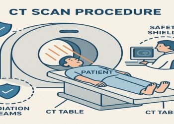 Ilustrasi prosedur CT scan dengan ikon keselamatan radiasi