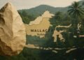 Ilustrasi alat batu purba hasil rekonstruksi digital yang ditemukan di Sulawesi dengan latar peta Wallacea dan lanskap hutan tropis merepresentasikan konteks lingkungan tempat hominin purba pernah hidup