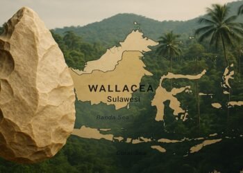 Ilustrasi alat batu purba hasil rekonstruksi digital yang ditemukan di Sulawesi, dengan latar peta Wallacea dan lanskap hutan tropis, merepresentasikan konteks lingkungan tempat hominin purba pernah hidup.