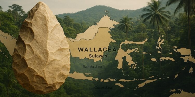 Foto ilustrasi alat batu purba hasil rekonstruksi digital yang ditemukan di Sulawesi - Utusan Bangsa 001 - Utusan Bangsa Ilustrasi alat batu purba hasil rekonstruksi digital yang ditemukan di Sulawesi dengan latar peta Wallacea dan lanskap hutan tropis merepresentasikan konteks lingkungan tempat hominin purba pernah hidup