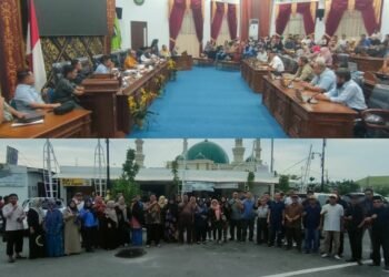Suasana Rapat Dengar Pendapat (RDP) lintas komisi di DPRD Dumai yang membahas sengketa lahan Jalan Sudirman. Bawah: Warga yang tergabung dalam Forum Perjuangan Tanah Sudirman berfoto bersama di luar gedung DPRD.