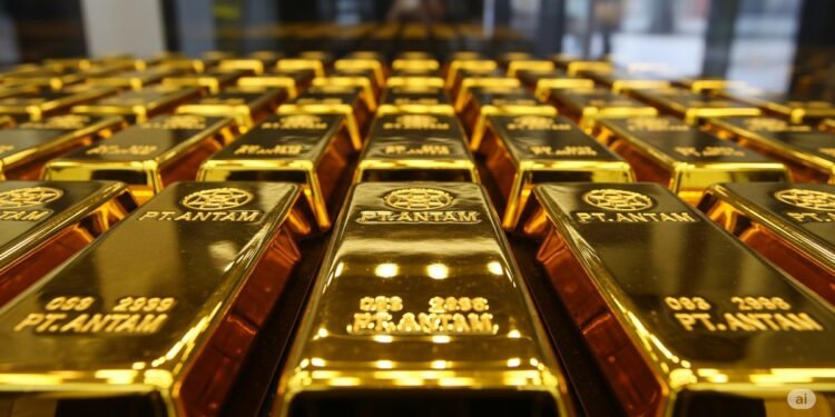 Ilustrasi close up emas batangan yang tertata rapi di etalase toko memantulkan kilau cahaya lampu melambangkan nilai dan kestabilan aset investasi di tengah gejolak ekonomi