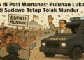 Ilustrasi kericuhan unjuk rasa di Pati ribuan massa menuntut Bupati Sudewo mundur dengan pengamanan aparat kepolisian