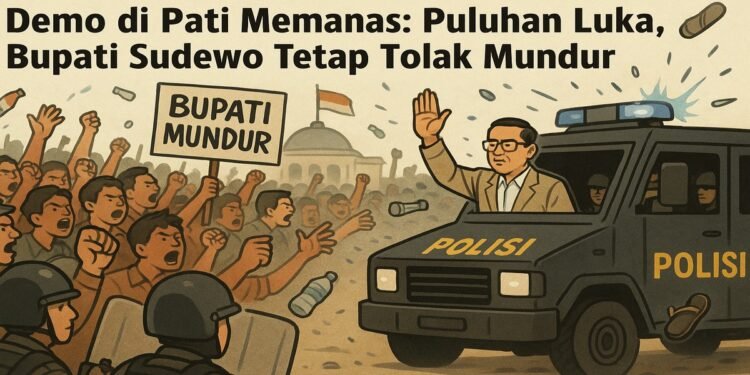 Ilustrasi kericuhan unjuk rasa di Pati ribuan massa menuntut Bupati Sudewo mundur dengan pengamanan aparat kepolisian