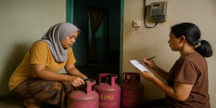 Ilustrasi warga sedang membeli elpiji atau mencatat meteran listrik di rumah sederhana