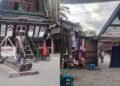 Kiri Patung Sigale Gale berdiri di depan Rumah Bolon rumah adat suku Batak Kanan Pintu masuk menuju area pertunjukan Sigale Gale di Tomok yang juga merupakan area pasar wisata
