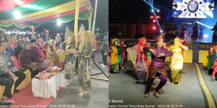 Kolase foto suasana kemeriahan Pentas Budaya Multi Etnik 2025 di Taman Bukit Gelanggang Dumai Sabtu 3082025 malam