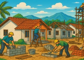 Ilustrasi program rumah subsidi pemerintah Indonesia dengan pekerja konstruksi membangun rumah bersubsidi.