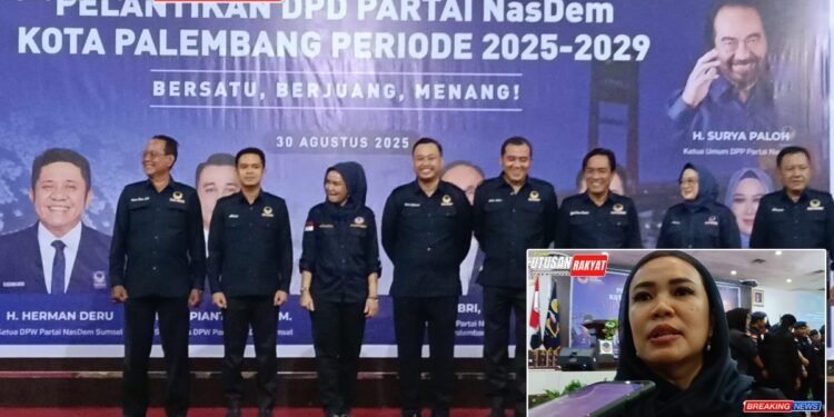 Sabia Afriyana Beberkan 4 Poin Kemenangan Nasdem Palembang - UR - Utusan Bangsa Hj Sabia Afriyana SE MM Anggota DPRD Kota Palembang memberikan keterangan pers usai menghadiri Pelantikan DPD Partai Nasdem Kota Palembang periode 2025 2029 di Hotel Swarna Dwipa Sabtu 3082025