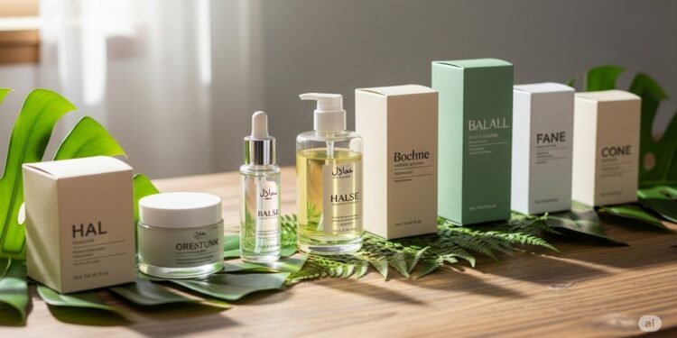 Ilustrasi deretan produk kosmetik halal dan ramah lingkungan di atas meja kayu dengan kemasan minimalis berbahan kaca dan kertas daur ulang dikelilingi dedaunan hijau dan pencahayaan alami yang lembut merepresentasikan harmoni antara kecantikan etika dan keberlanjutan
