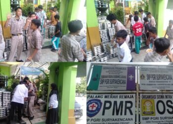 Suasana ceria di halaman SMP PGRI Surya Kencana, Cileungsi, di mana para siswa berseragam dengan antusias menerima dan membawa paket program Makan Bergizi Gratis (MBG), dengan latar belakang gedung sekolah.