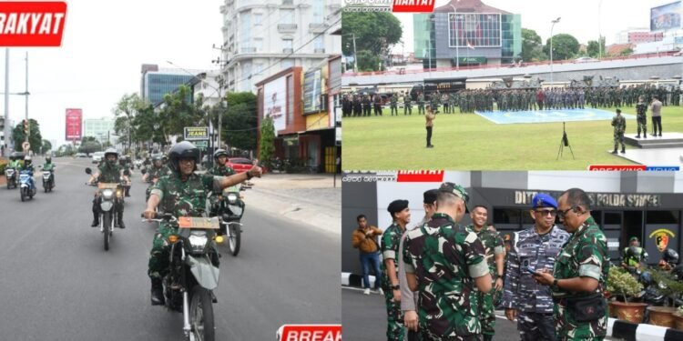 Kolase foto kegiatan Danrem 044Gapo Brigjen TNI Adri Koesdyanto bersama jajaran saat memimpin patroli dan apel pengecekan personel untuk pengamanan aksi damai di Kota Palembang