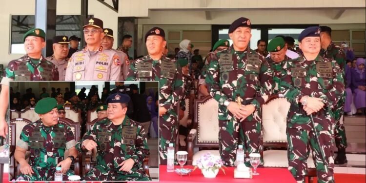 Gubernur AAU Marsekal Muda TNI Donald Kasenda ST SIP MM kanan bersama Komandan Jenderal Akademi TNI Letnan Jenderal TNI R Sidharta Wisnu Graha SE tengah dalam upacara serah terima jabatan Komandan Resimen Chandradimuka Danmenchandra Akademi TNI di Lapangan Akademi Militer Akmil Magelang Rabu 10092025