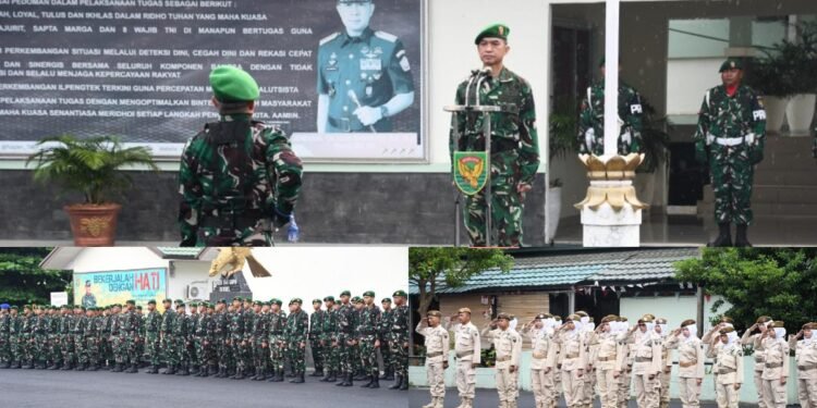 Suasana Upacara bendera bulanan di Lapangan Markas Korem 044Gapo Palembang yang dipimpin oleh Kasrem 044Gapo Kolonel Inf Andi Gus Wulandri Rabu 1792025