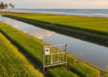 Ilustrasi hamparan sawah padi di pesisir dekat pantai dengan kanal irigasi air payau dan panel pengukur salinitas.