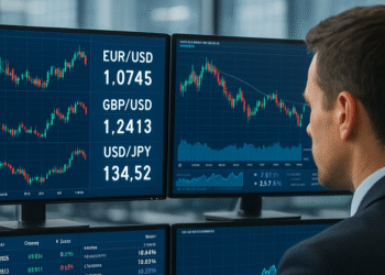 Pedagang memantau layar kurs valuta asing.