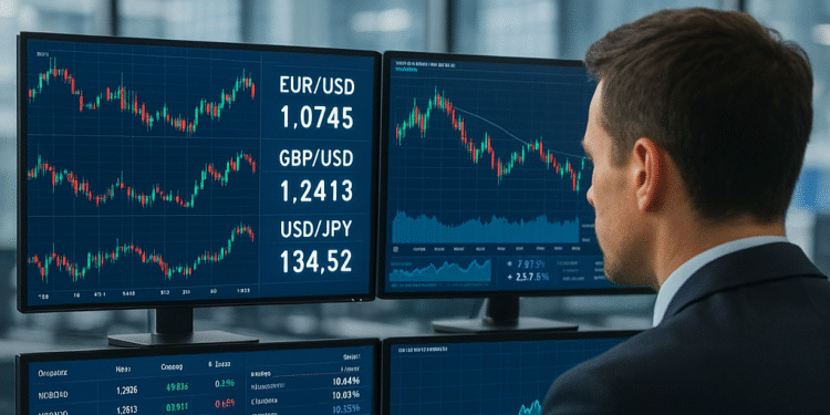 Pedagang memantau layar kurs valuta asing