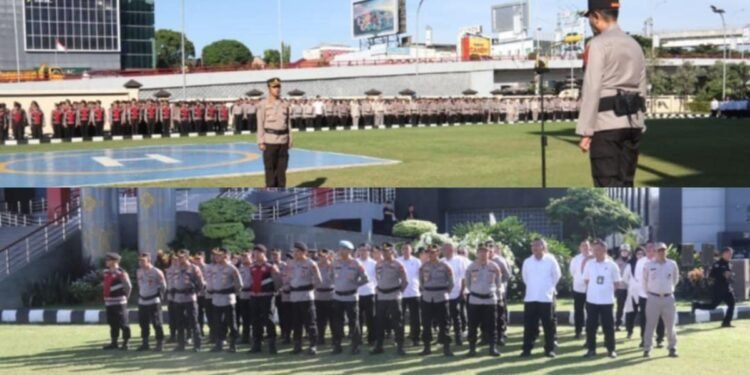 Wakapolda Sumsel Brigjen Pol M Zulkarnain memimpin apel siaga pengamanan di hadapan personel Polda Sumsel di lapangan Markas Polda Sumsel